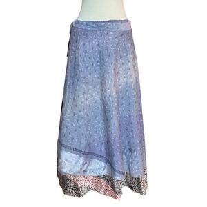 Upcycled Sari Boho Wrap Skirt Dress Reversible Earthtones and Blue XL Hippie